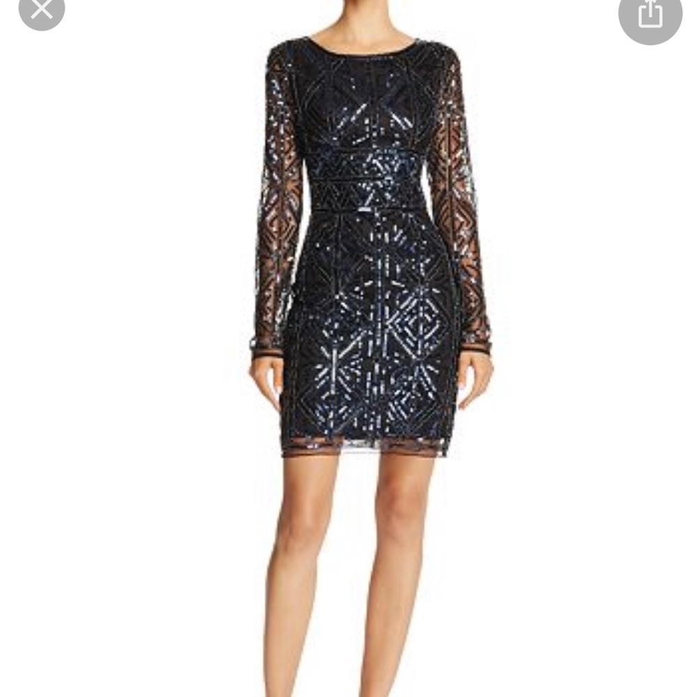 Navy and Black Formal Sequined Sheath Party Cocktail Dress Long Sleeves Medium